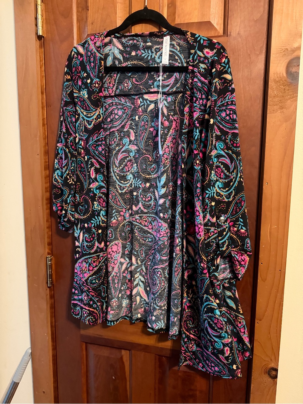 Dear Scarlett Black Paisley Open Cardigan with Pink & Teal Accents